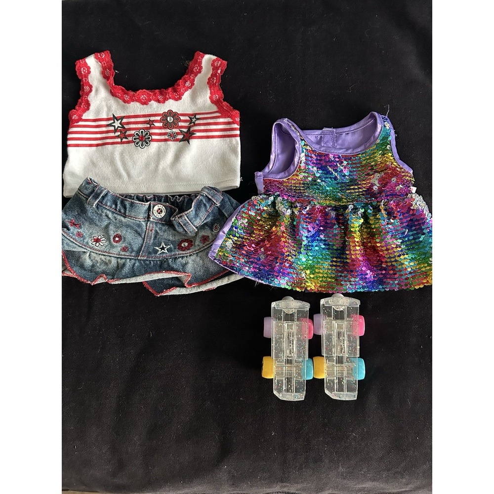 Lot Of 2 Build A Bear Outfits Denim Skirt/Shirt‎ & Sparkle Dress Roller Skates